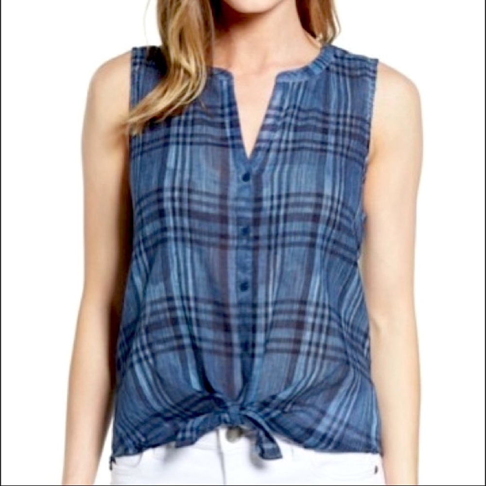 LUCKY BRAND Sleeveless Blue & Black Plaid Tie front top Size S Lightweight